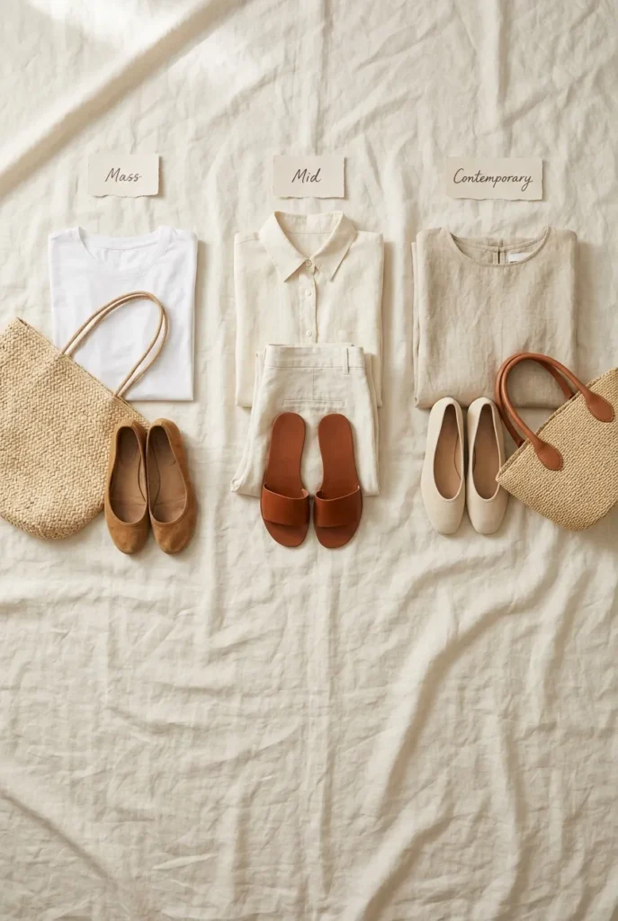 Where to shop old money summer outfits flat lay showing mass, mid, and contemporary tier capsule pieces.