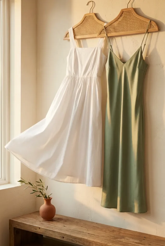 White cotton sundress and sage midi dress for a beach vacation capsule wardrobe hanging side by side.