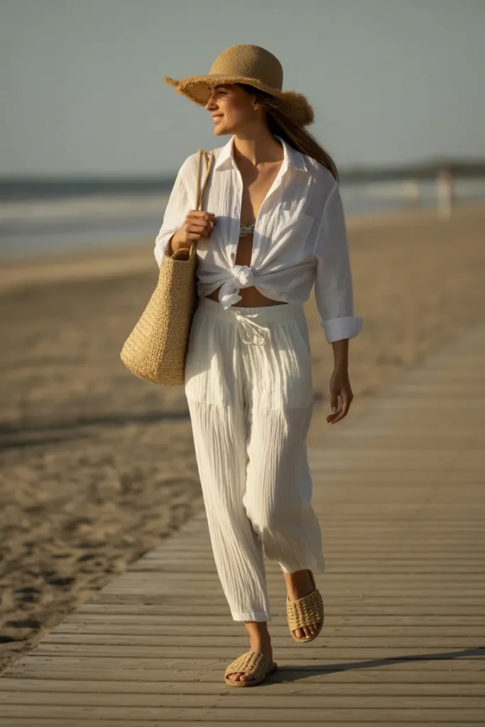 White linen drawstring pants beach outfit with oversized button-down and straw hat for vacation styling