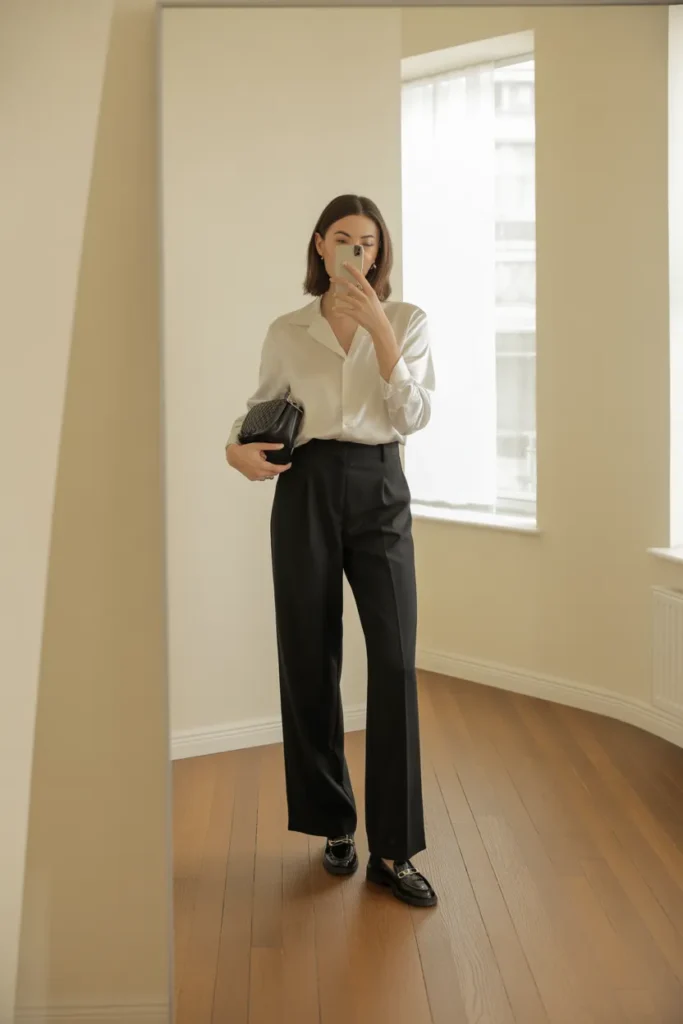 Wide-leg black trousers styled with white silk shirt and black loafers showing Pinterest fashion outfits trending in 2026.