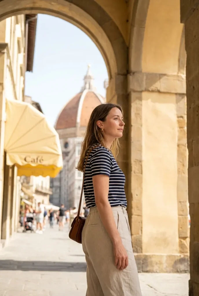 Woman in Breton tee and linen trousers with a crossbody bag in Florence, Italian summer city outfit