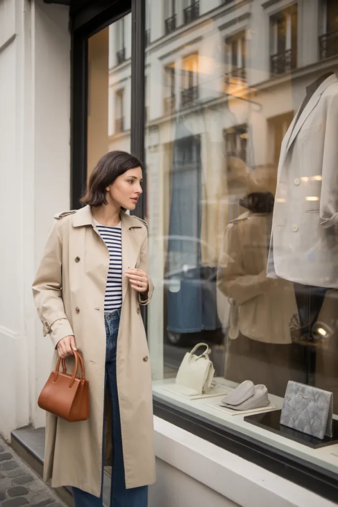 Woman in French girl style outfit shopping at a Parisian-inspired boutique