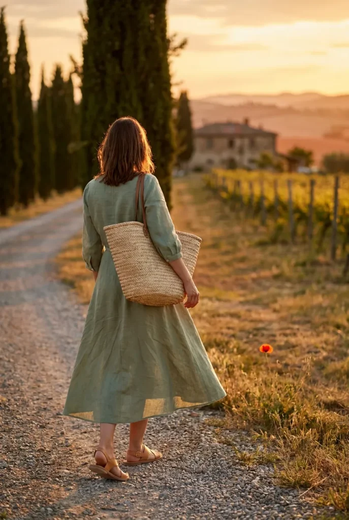 Woman in a sage linen midi dress on a cypress path in Tuscany at golden hour, countryside capsule look