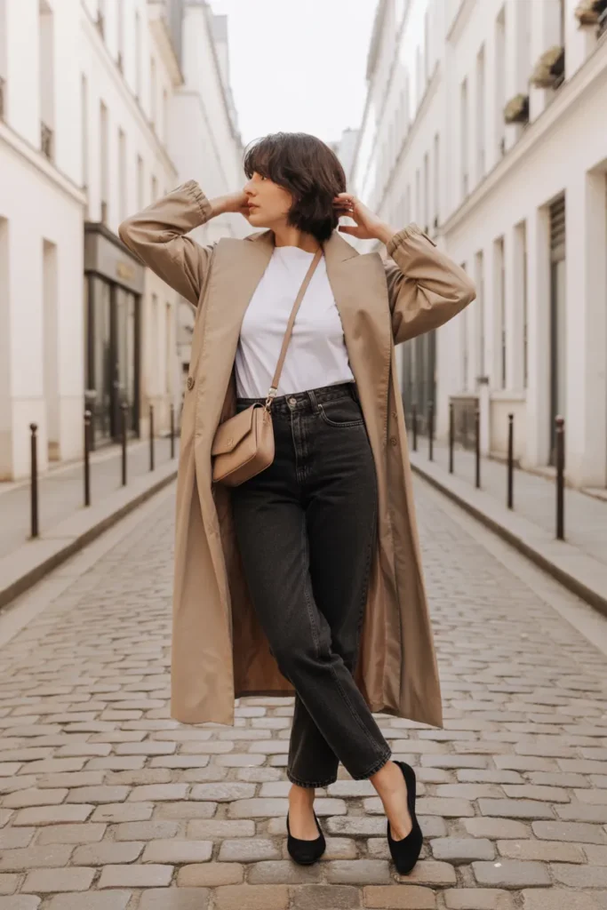 Woman in beige trench, white tee, and dark jeans demonstrating French girl style on cobblestone street