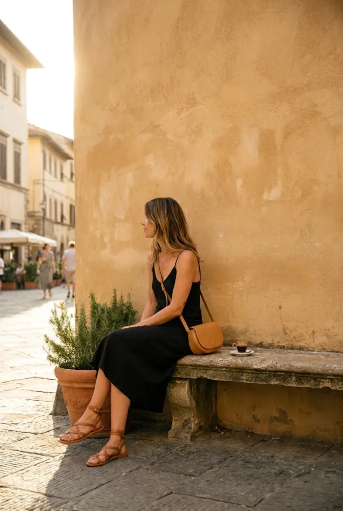 Woman in black slip midi dress and sandals on stone bench in European piazza summer evening