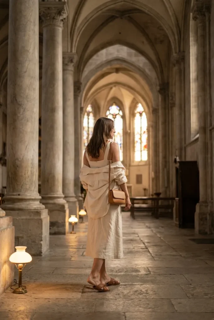 Woman in cathedral wearing linen midi dress and cream button-down for shoulder coverage in European dress code.