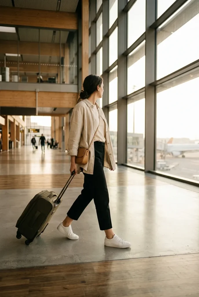 Woman in cream tee linen jacket and cropped trousers walking through european airport on arrival day
