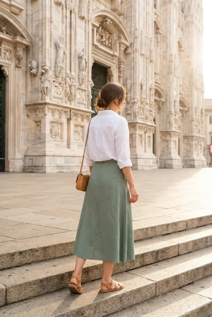 Woman in midi skirt and button down on european cathedral steps for modest summer travel outfit