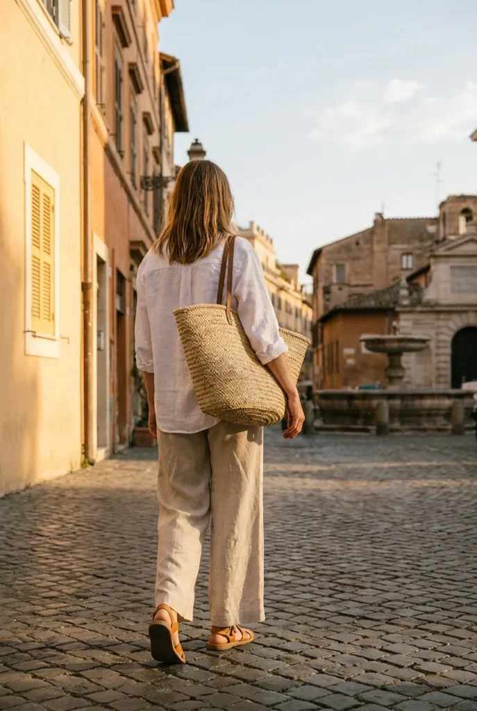 Woman in oat linen pants and white shirt walking a Rome cobblestone street, italy capsule wardrobe summer look