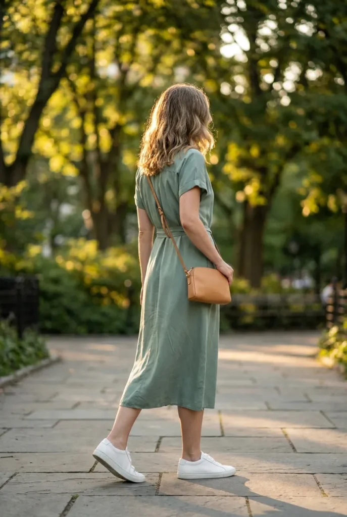 Woman in sage midi dress and white sneakers walking on stone path for modest summer outfit idea.