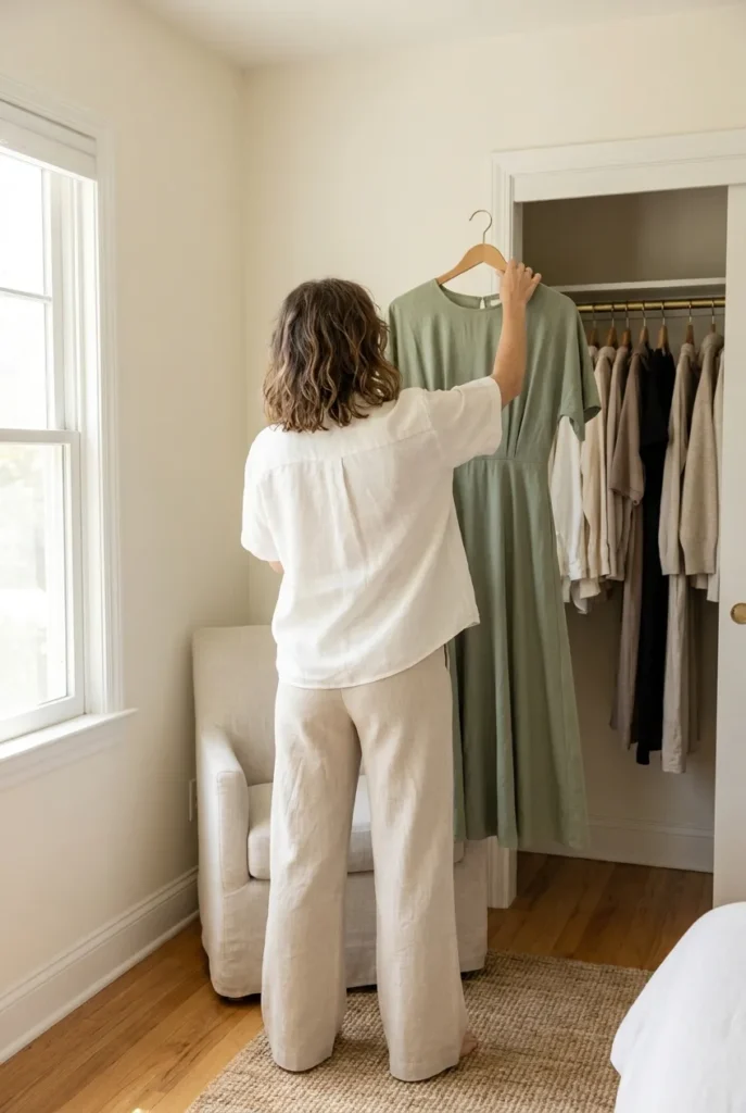 Woman organizing modest summer capsule wardrobe in soft neutrals with linen trousers and sage midi dress on brass rail.