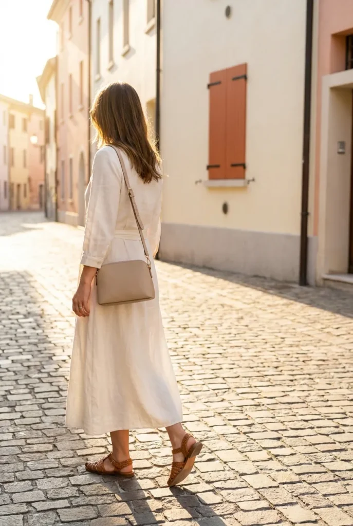 Woman walking cobblestone street in European summer capsule wardrobe with linen midi dress and leather crossbody bag.