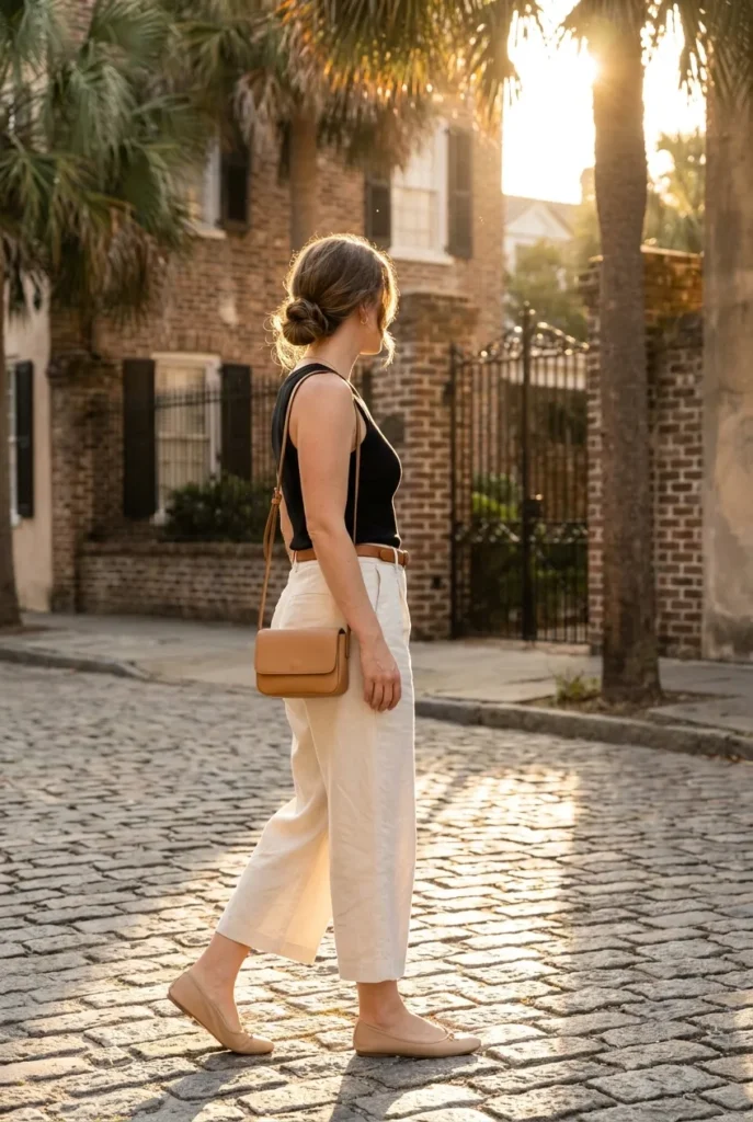Woman walking in 2026 capris outfit with cream linen capris, black tank and ballet flats.