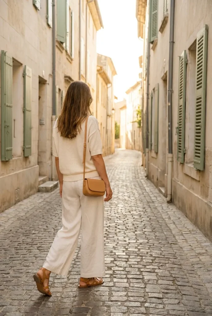 Woman walking in linen pants and sandals down cobblestone street in southern Europe summer