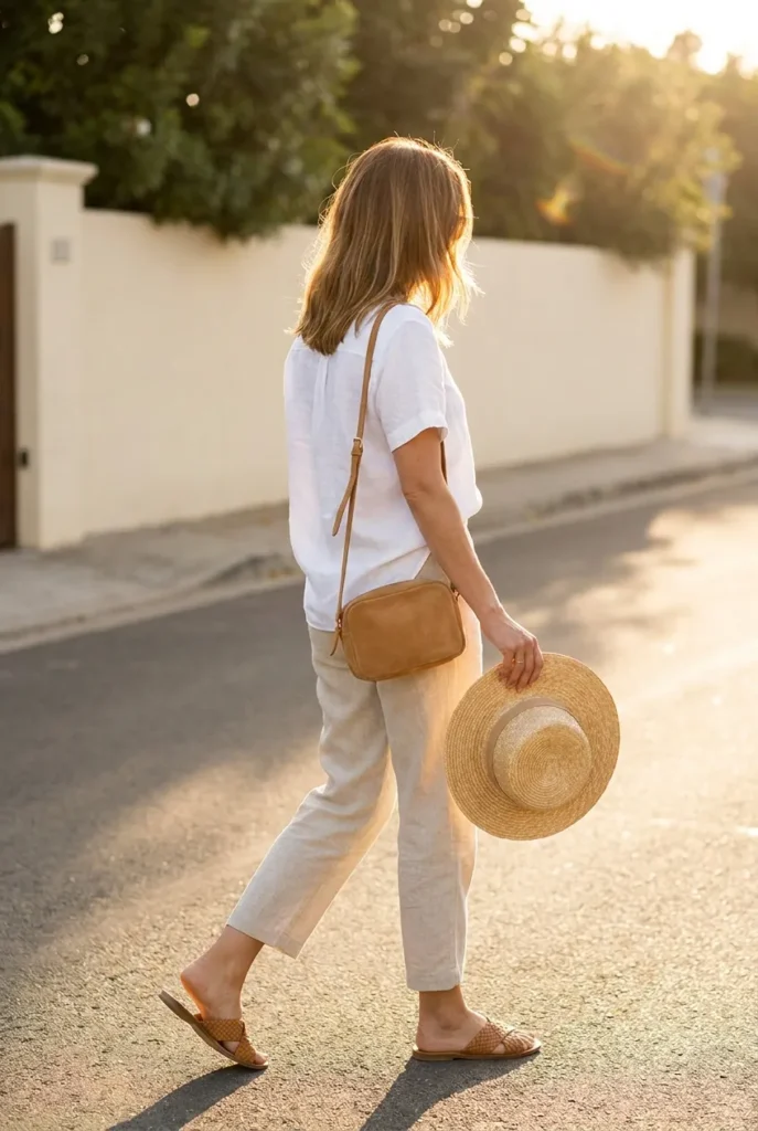 Woman walking in modest summer outfit with white linen button-down, oat trousers, tan sandals, and straw hat.