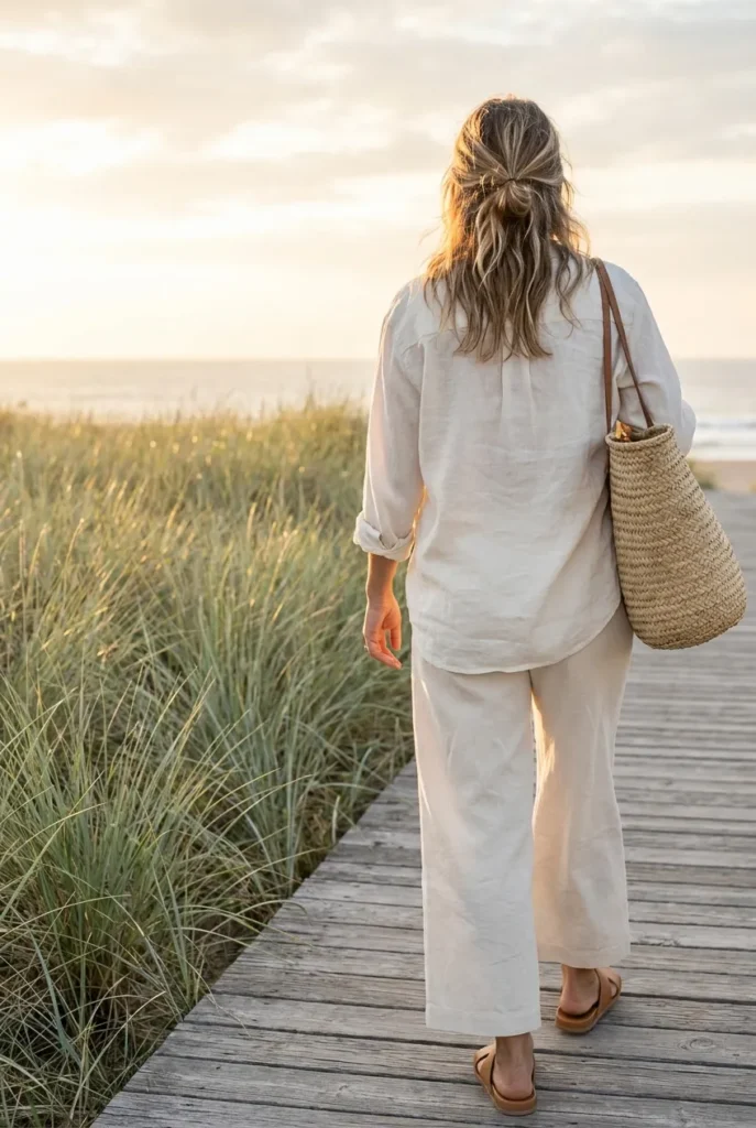 Woman walking on a wooden boardwalk wearing coastal grandmother summer outfit in ivory linen and cream trousers.