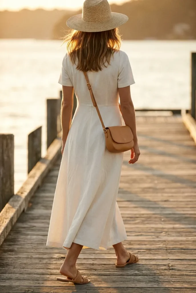 Woman walking on pier in ivory maxi dress, straw hat, and tan sandals as modest summer outfit inspiration.