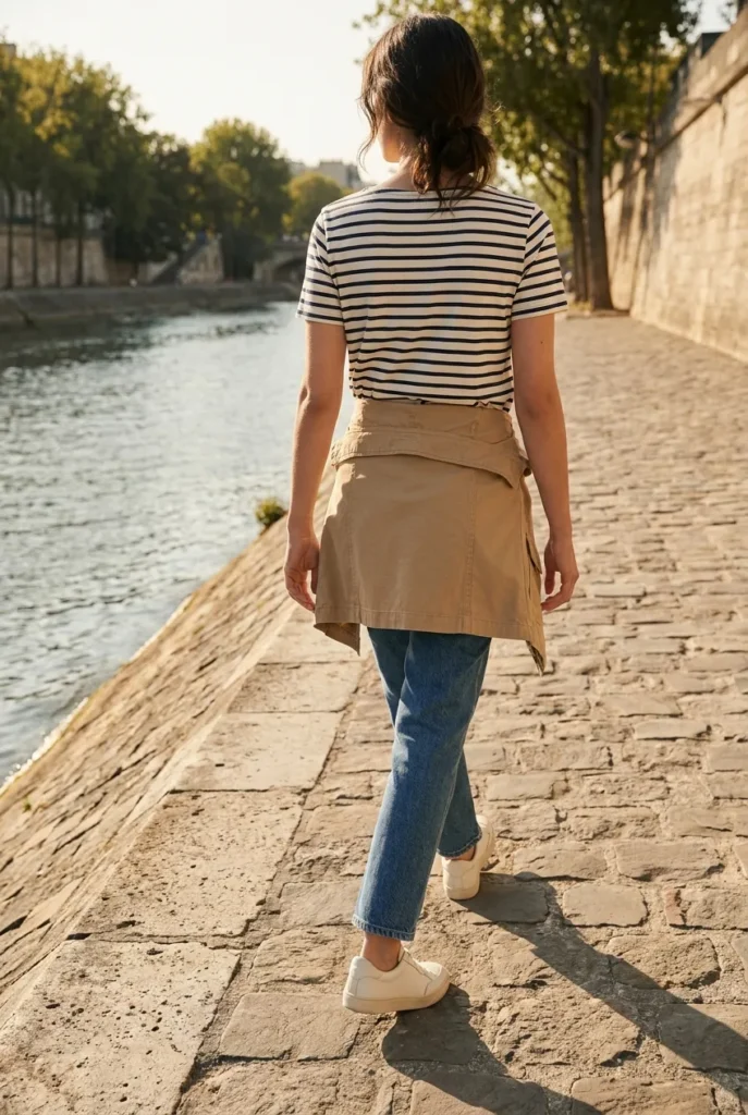 Woman walking river embankment in Breton stripe tee, straight jeans, and white sneakers from European summer capsule.