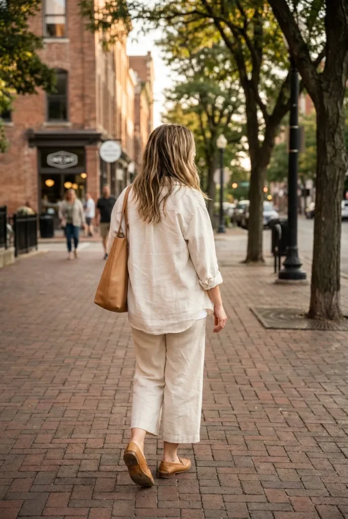 Woman wearing coastal grandmother outfit on a Midwestern city sidewalk in cream linen and tan loafers.