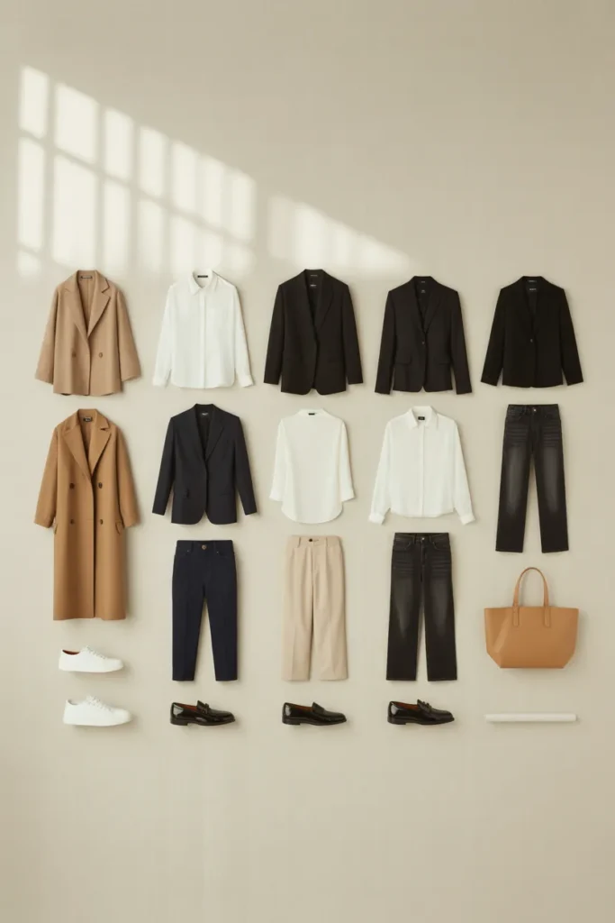 Workwear capsule wardrobe flat lay with 20 office essentials in neutral colors