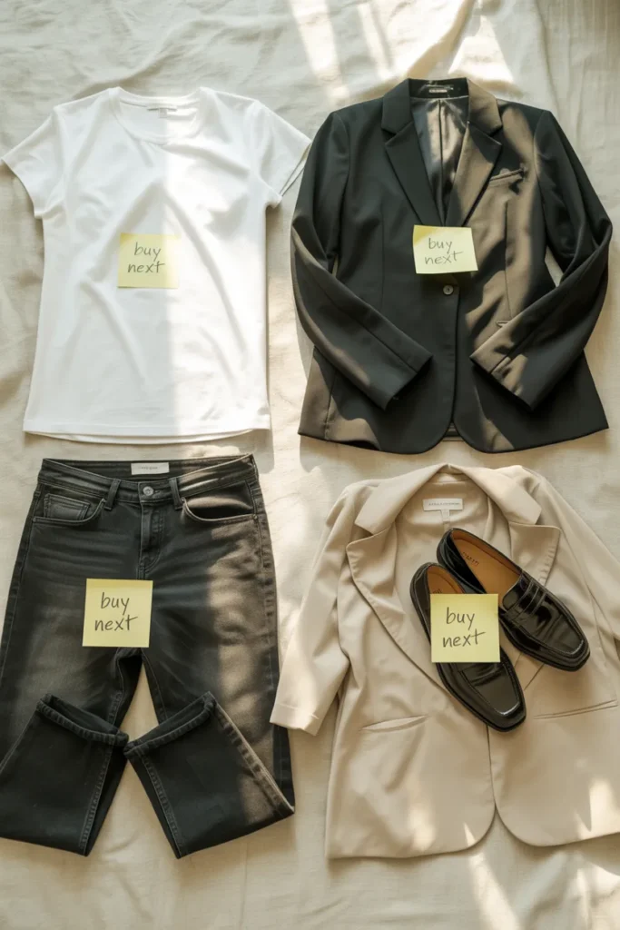 Workwear capsule wardrobe in progress with sticky notes marking next pieces to buy