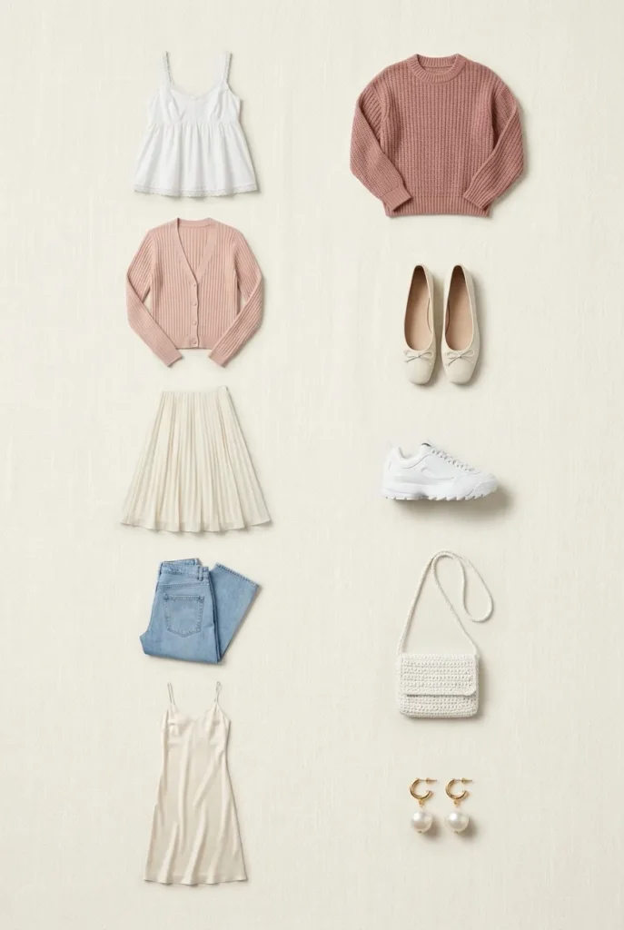 10-piece soft girl aesthetic capsule wardrobe flatlay in blush, ivory, and pastel tones on cream linen, ballet flats and wide-leg jeans included