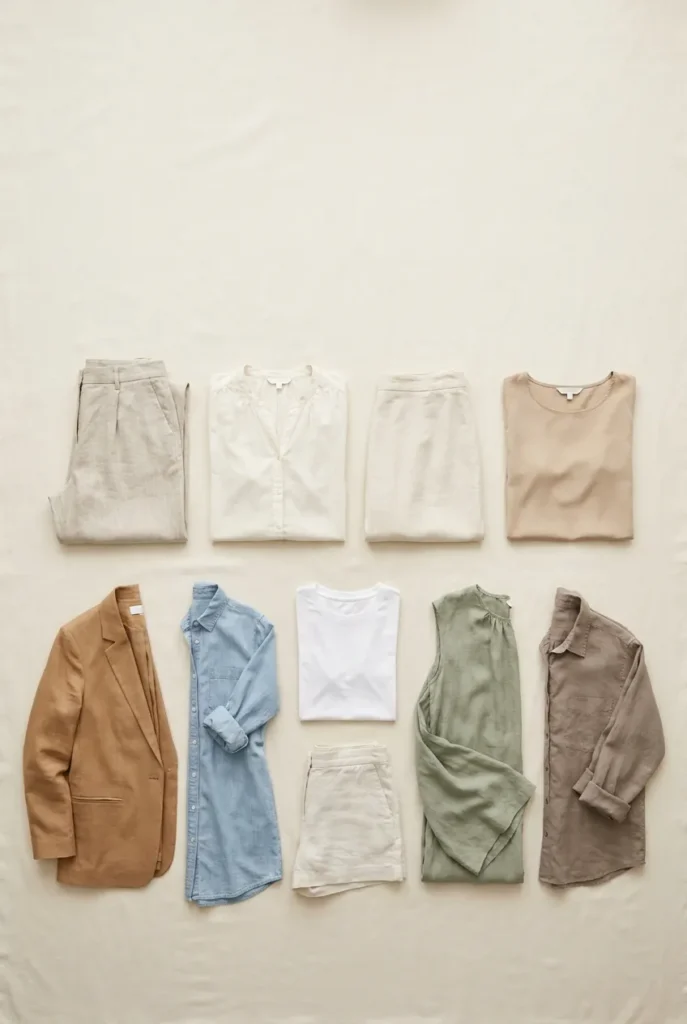10-piece hot weather summer capsule wardrobe flat lay in linen Tencel chambray for cool mix-and-match outfits