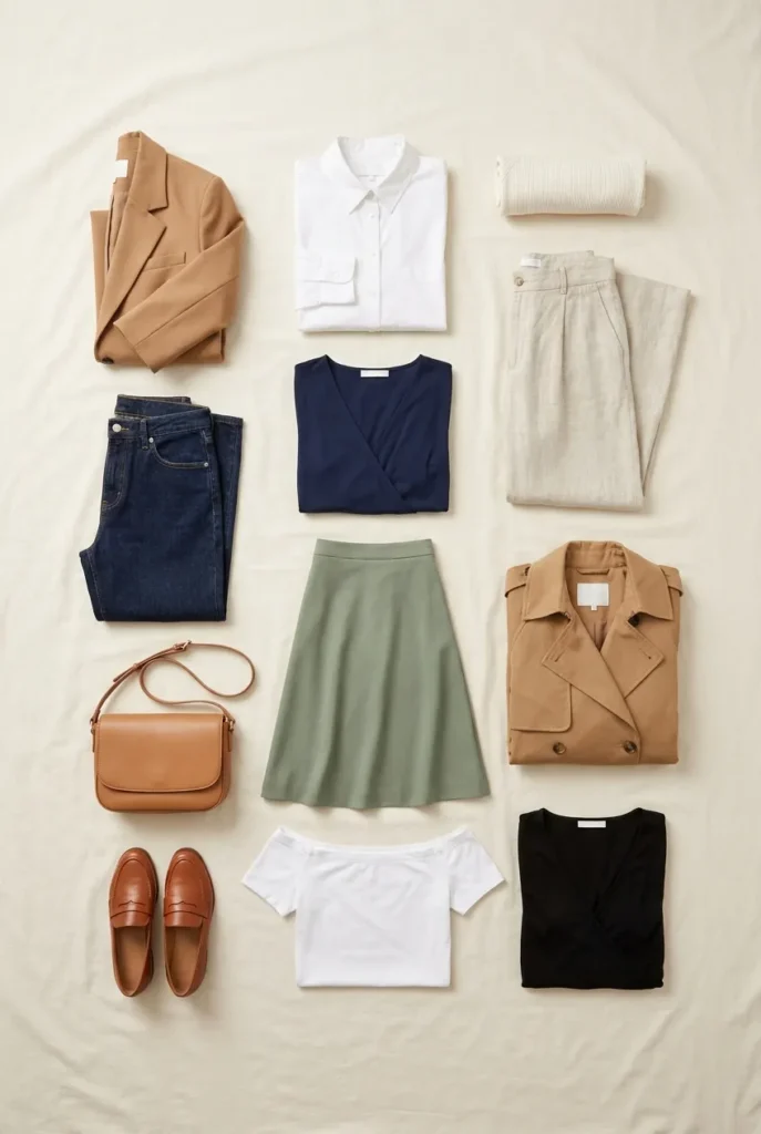 12-piece capsule wardrobe for pear body shape overhead flat lay blazer, trousers, wrap dress, jeans, and loafers in neutrals