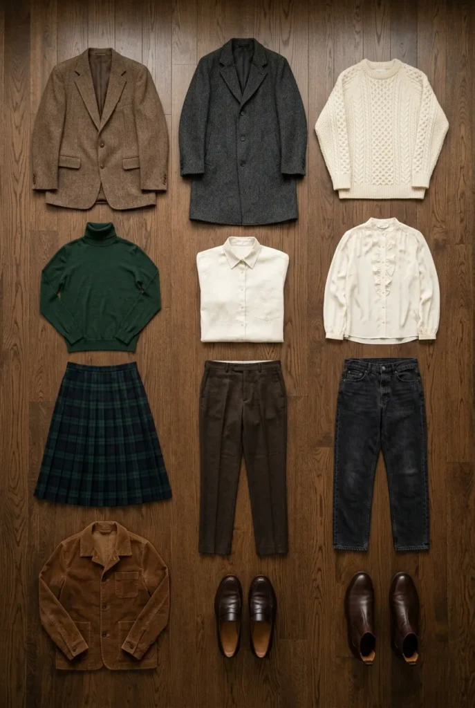 12-piece dark academia capsule wardrobe flat lay with blazers, knits, skirt, trousers, and boots