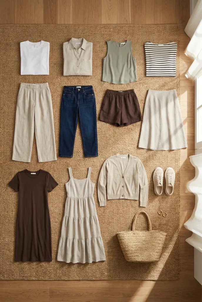 12-piece mom capsule wardrobe summer flat lay on jute rug with neutral pieces and tote