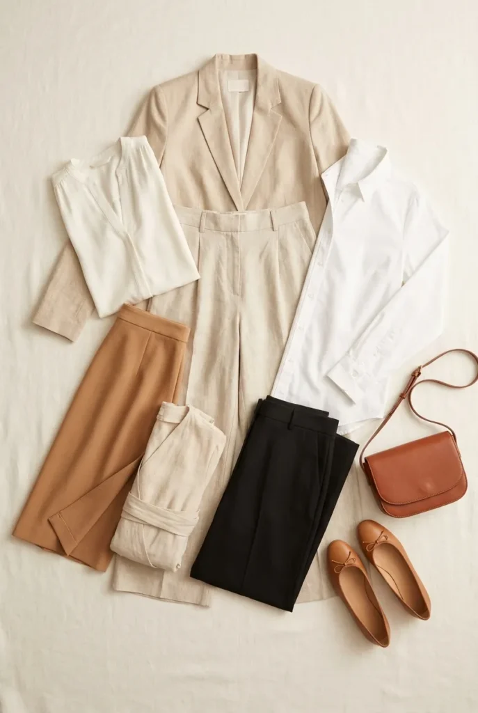 7-piece smart casual summer work capsule wardrobe flat lay, linen trousers, shell, midi skirt, blazer