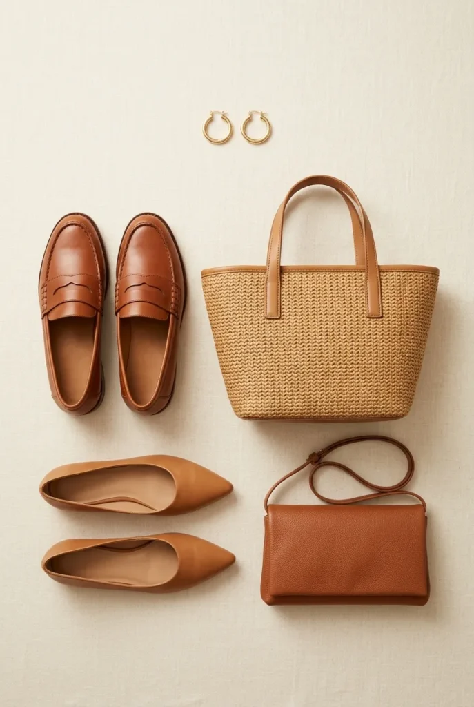 Apple body type accessories, cognac loafers, ballet flats, woven tote and slim crossbody flat lay.
