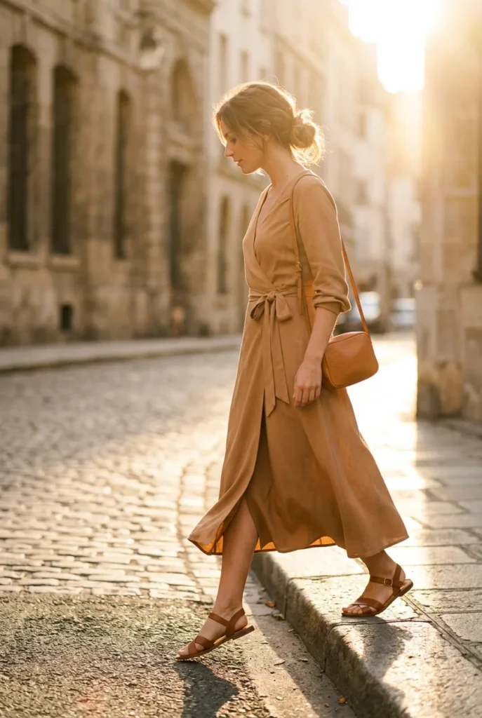 Apple body type dress, a camel wrap midi tied at the waist styled with cognac sandals at golden hour.