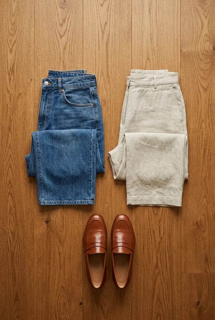 Apple body type jeans and oat wide-leg trousers folded with cognac loafers on oak floor.