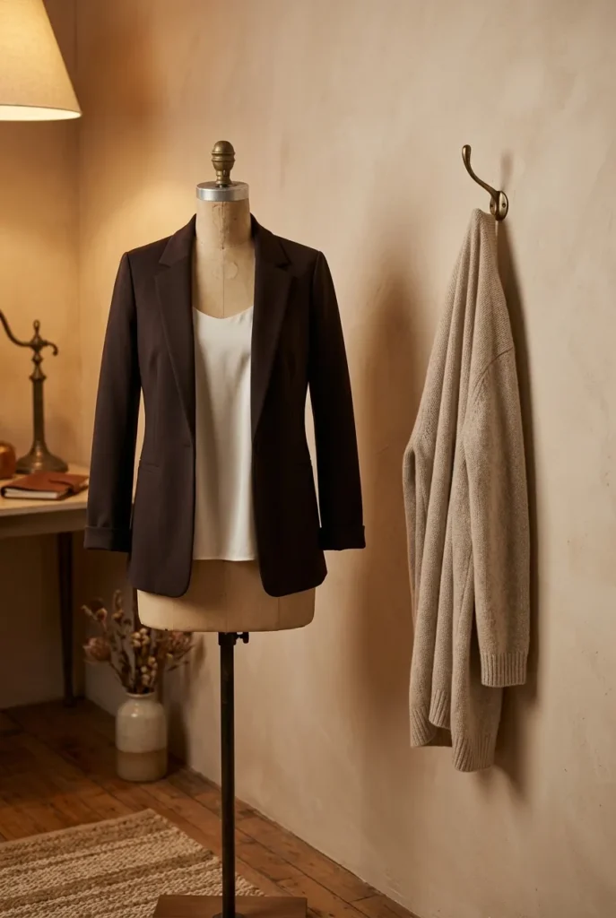 Apple body type layers, an open espresso blazer over ivory shell with a longline oat cardigan.