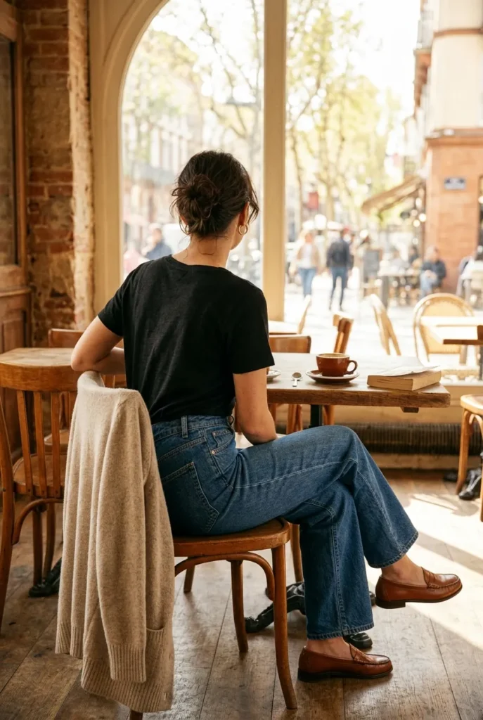 Apple body type outfit idea, half-tucked v-neck, wide-leg jeans and cardigan at a sunny café.
