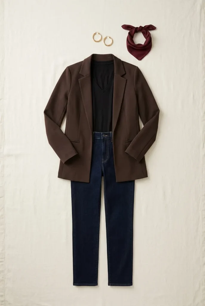 Apple body type styling flat lay showing a vertical monochrome column with blazer and dark jeans.