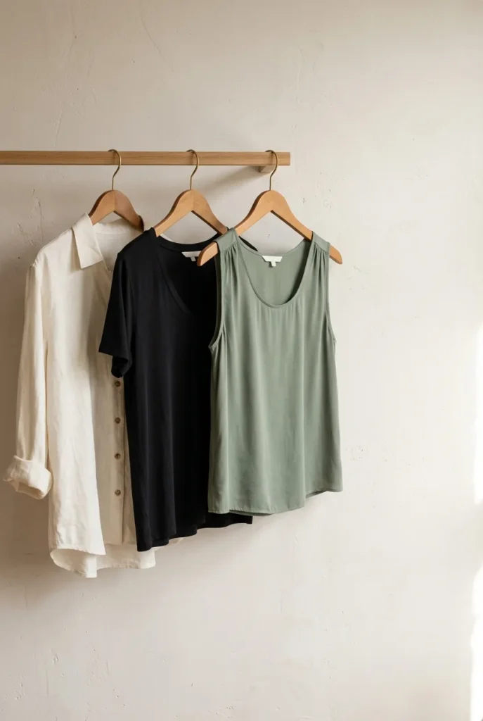 Apple body type tops on wooden hangers, ivory button-down, black v-neck and sage scoop shell.