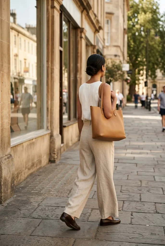 Apple body type women styled in oat wide-leg trousers and tucked ivory shell walking in the city.