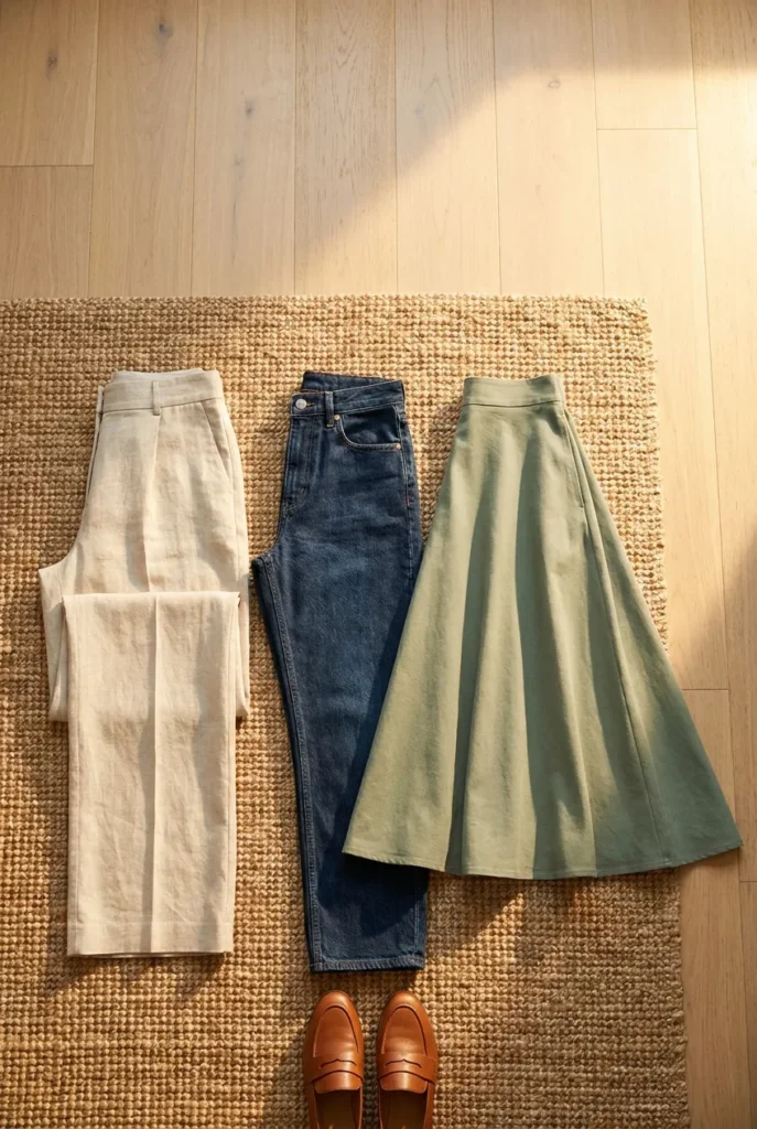 Best bottoms for pear body shape flat lay wide-leg oat trousers, dark straight-leg jeans, and A-line sage midi skirt with loafers