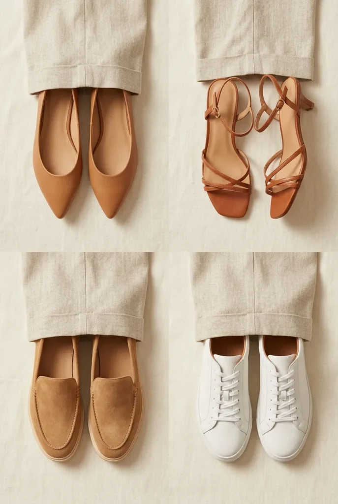 Best shoes with wide-leg trousers summer, flat lay of ballet flats sandals loafers and white sneakers in tan and oat