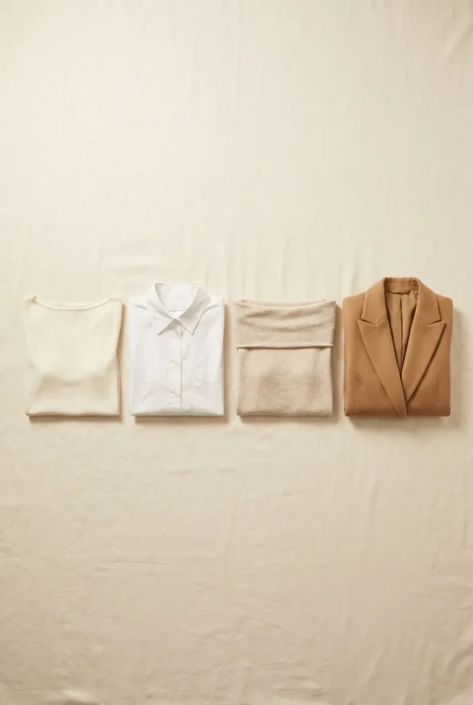 Best tops for pear body shape flat lay boat-neck top, white button-down, off-shoulder tee, and camel blazer on linen surface