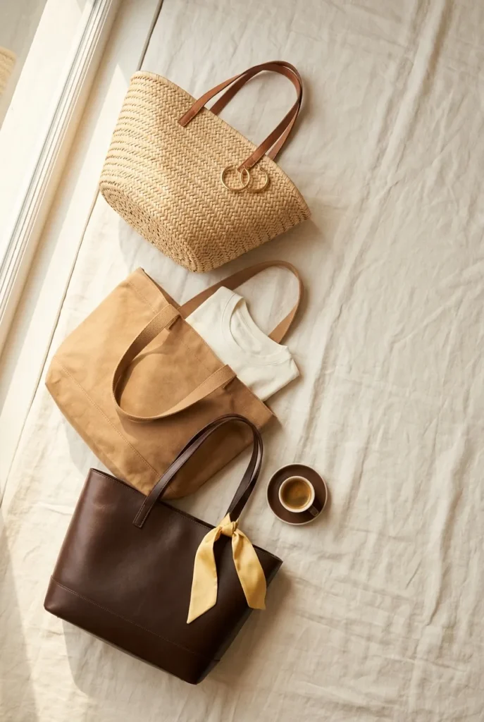 Best tote bags for summer 2026 flat lay, raffia, canvas, and leather totes on cream linen.