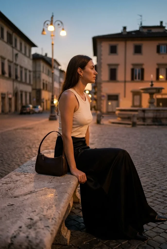 Black slip maxi skirt outfit with ribbed cream tank and tan slide sandals for evening