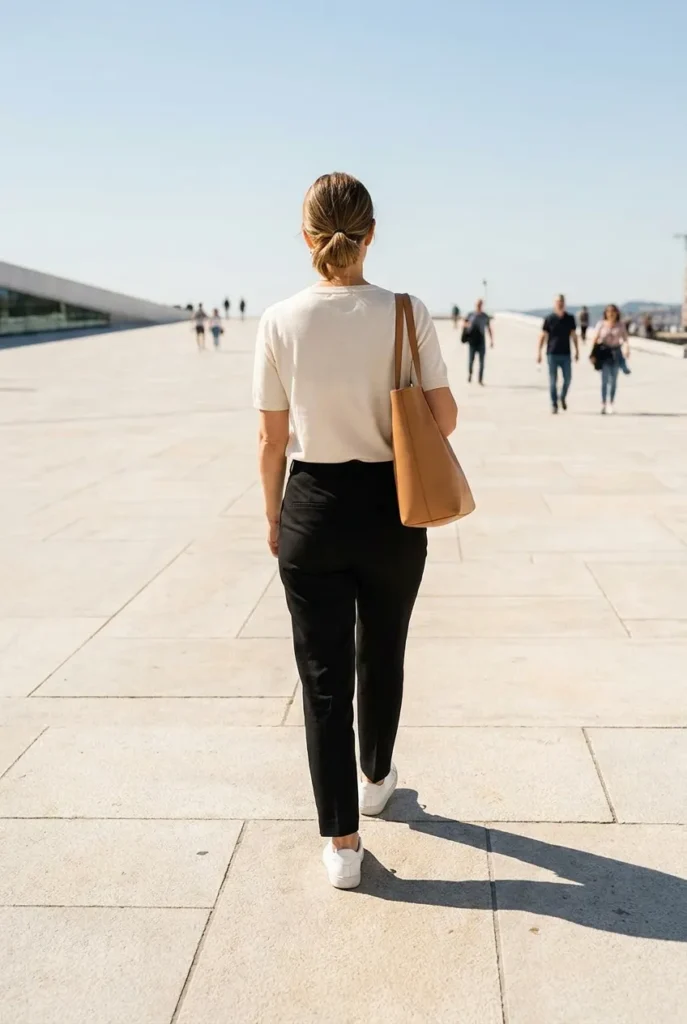 Black tailored trousers and ivory shell with white leather sneakers, casual Friday work outfit summer women
