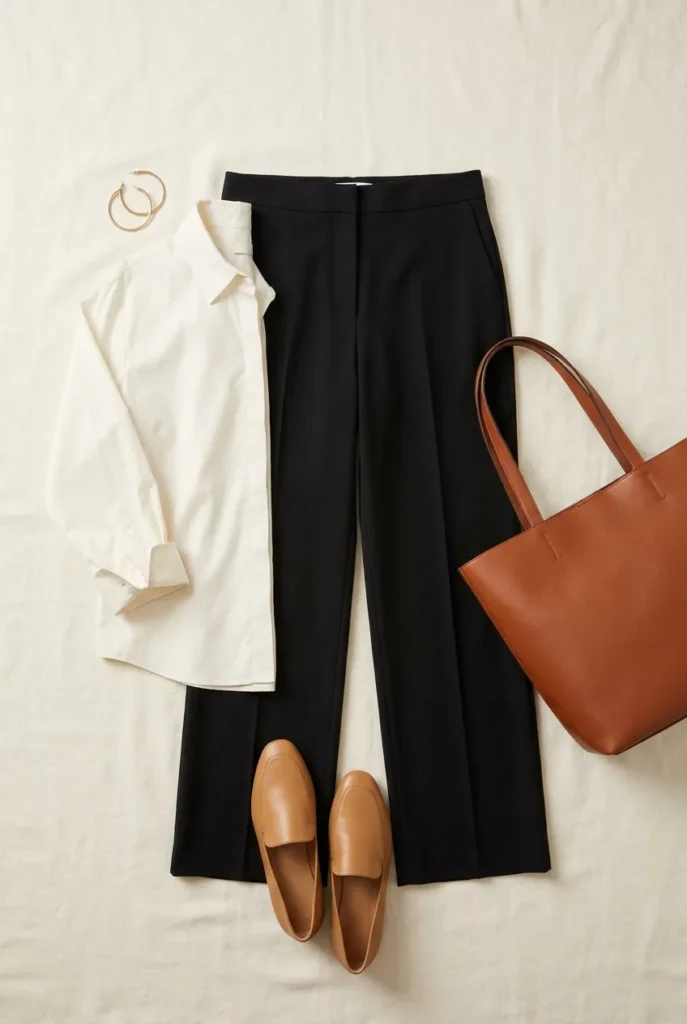 Black wide-leg trousers and ivory poplin blouse summer work outfit flat lay, smart casual women office