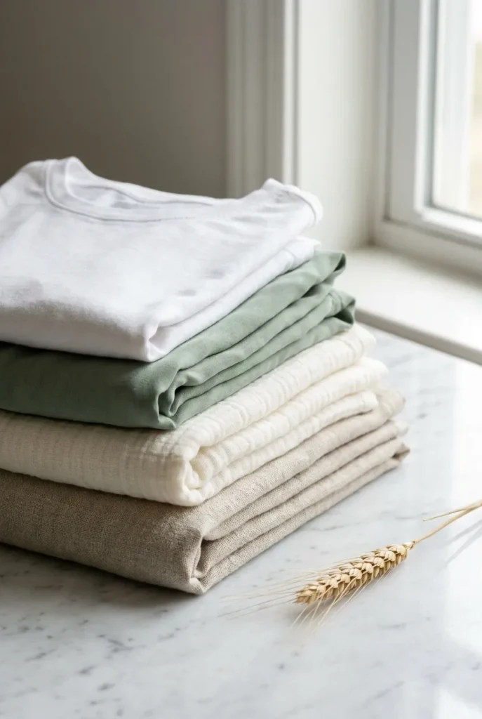 Breathable summer fabric stack, linen, cotton gauze, and tencel for work from home outfits.
