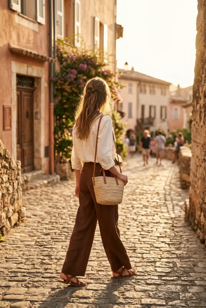 Brown wide-leg trousers outfit summer, woman in chocolate linen trousers and ivory shirt on cobblestone path