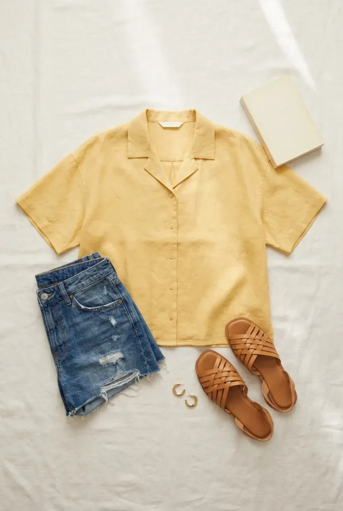 Butter-yellow short-sleeve linen shirt flat-lay with denim shorts and tan sandals.