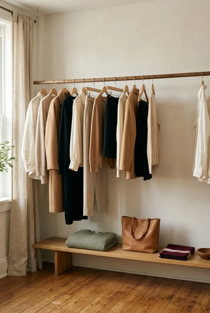 Calm capsule wardrobe closet with neutral pieces and empty hanger space, ivory and camel tones